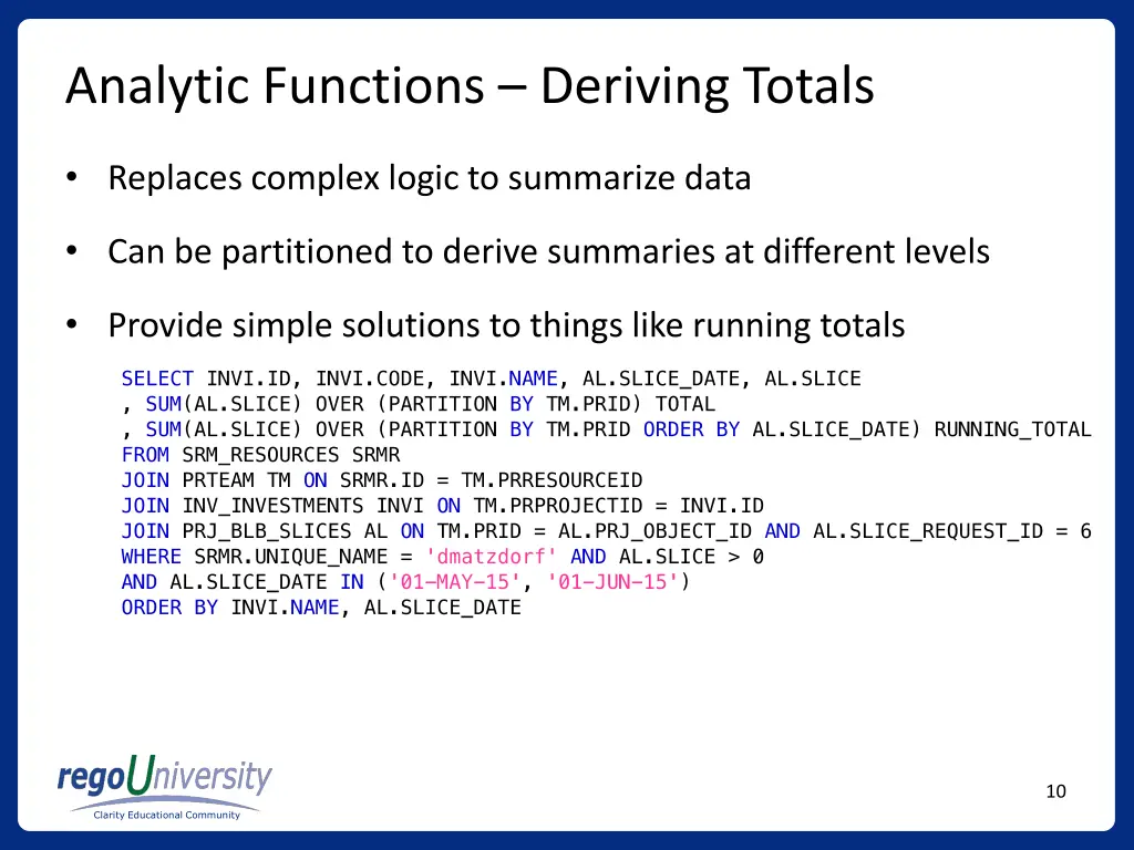 analytic functions deriving totals