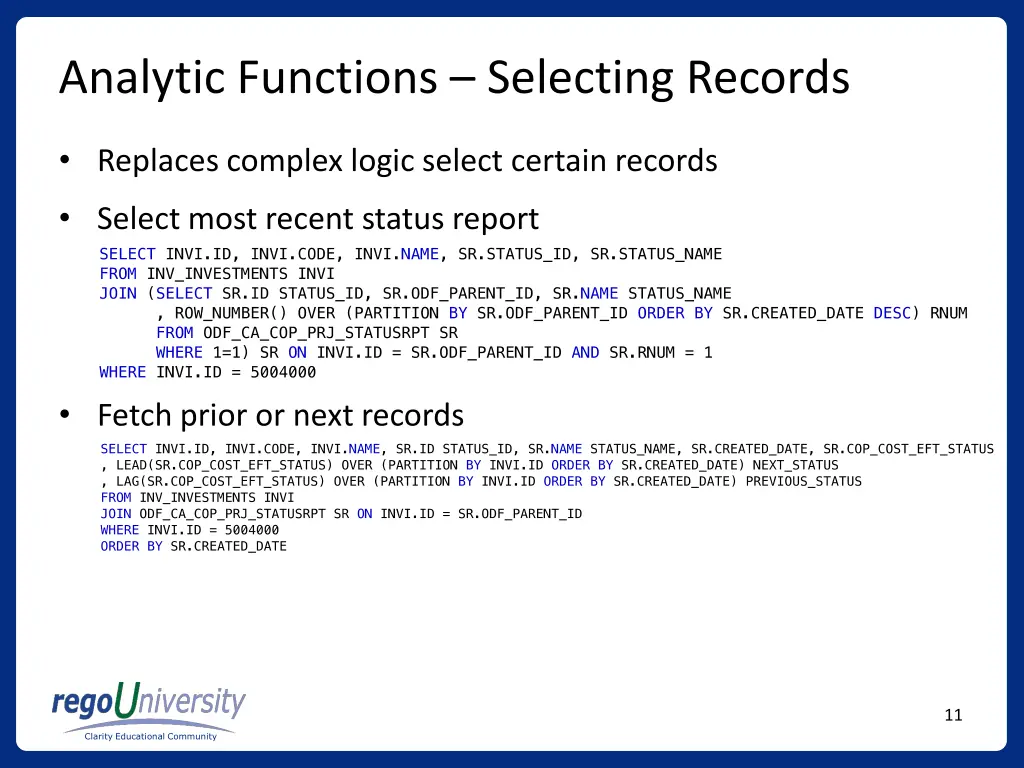 analytic functions selecting records