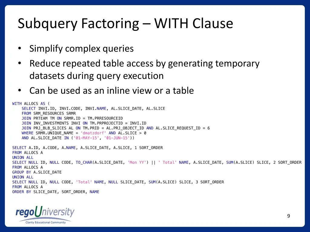 subquery factoring with clause