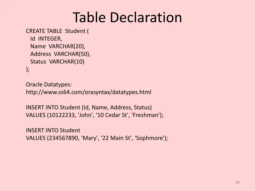 table declaration create table student id integer