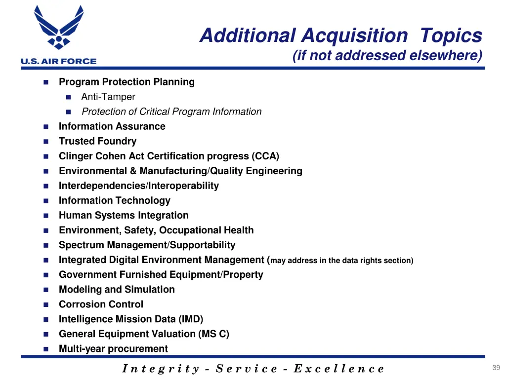 additional acquisition topics if not addressed