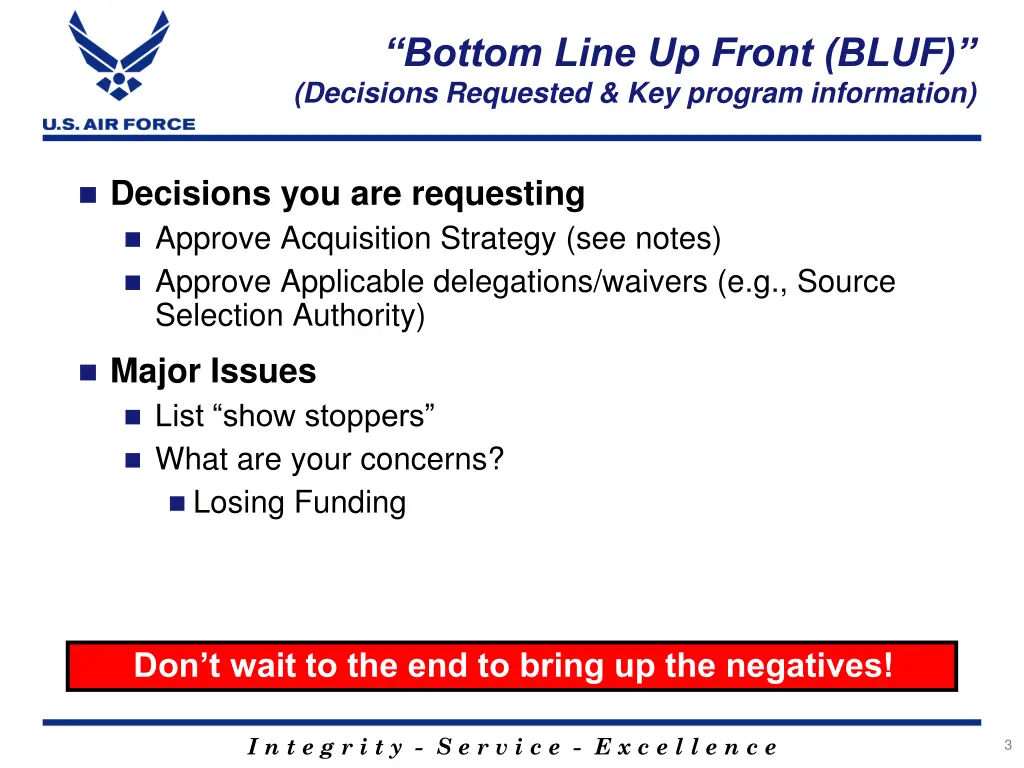 bottom line up front bluf decisions requested