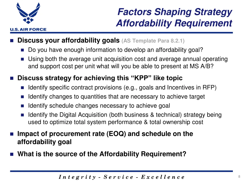 factors shaping strategy affordability requirement