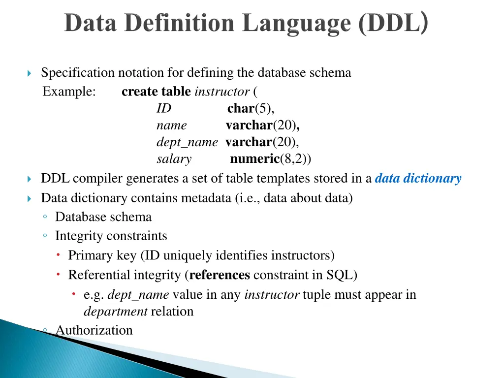 specification notation for defining the database