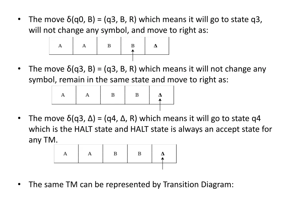 the move q0 b q3 b r which means it will
