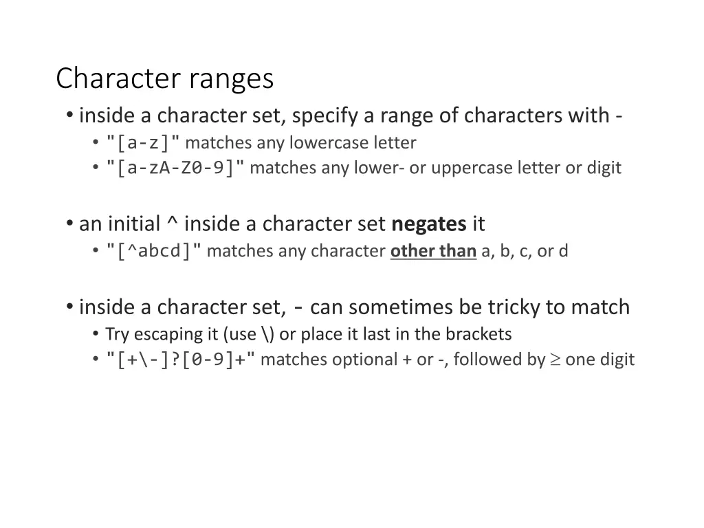 character ranges inside a character set specify