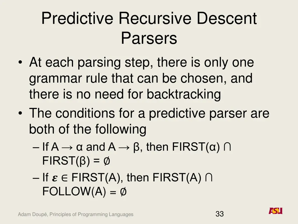 predictive recursive descent parsers at each
