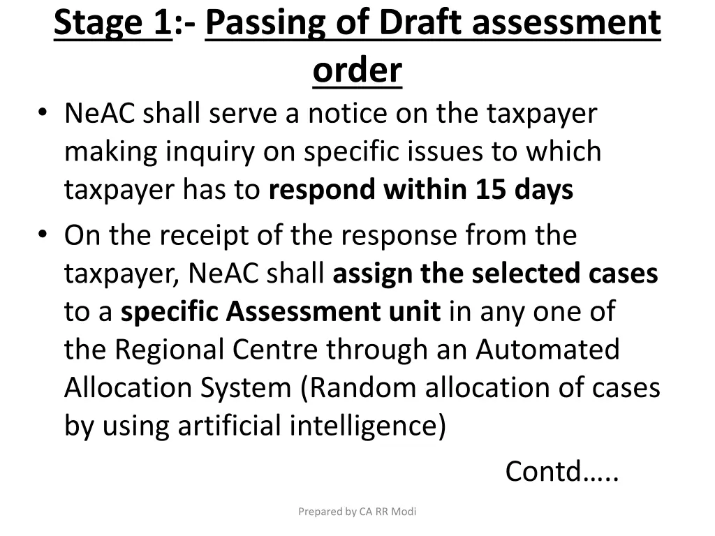 stage 1 passing of draft assessment order neac