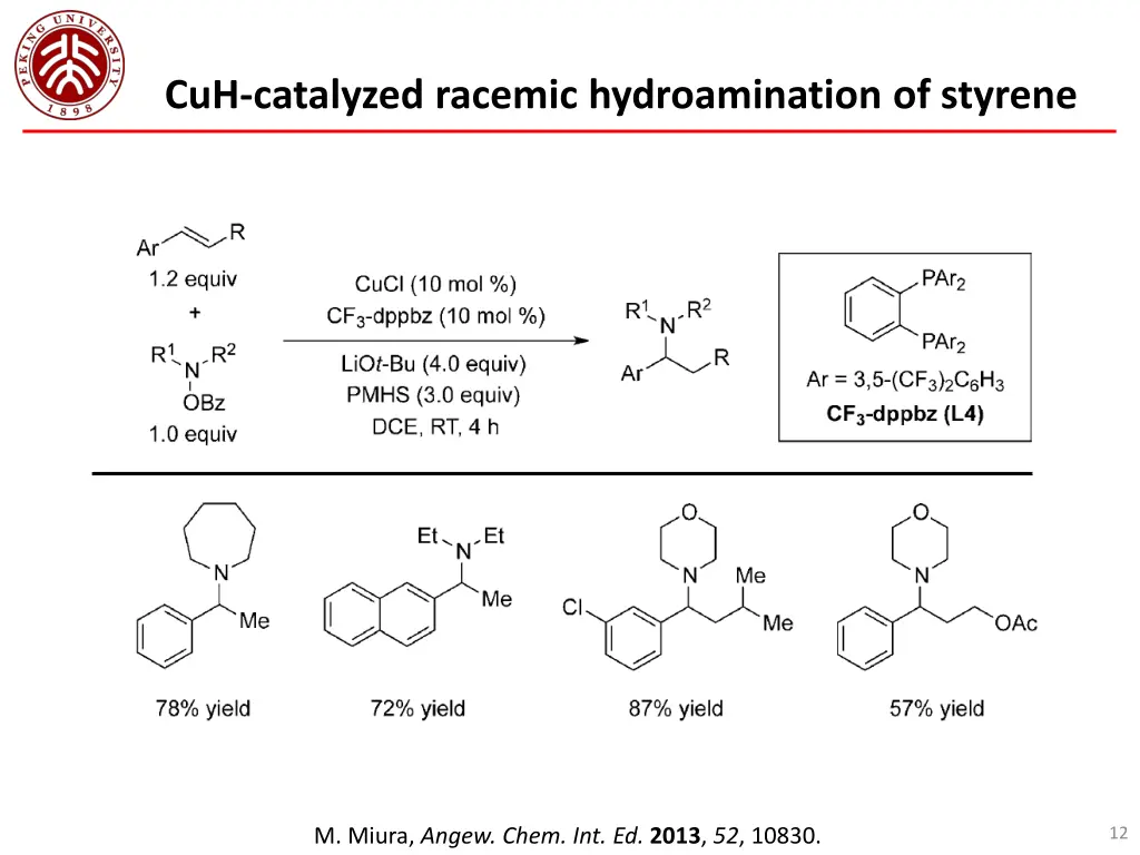 cuh catalyzed racemic hydroamination of styrene