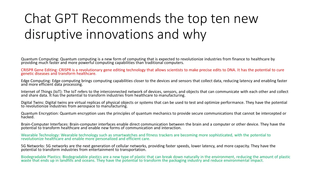 chat gpt recommends the top ten new disruptive