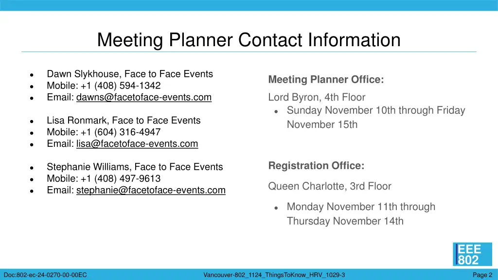 meeting planner contact information