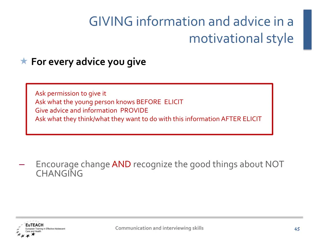 giving information and advice in a motivational