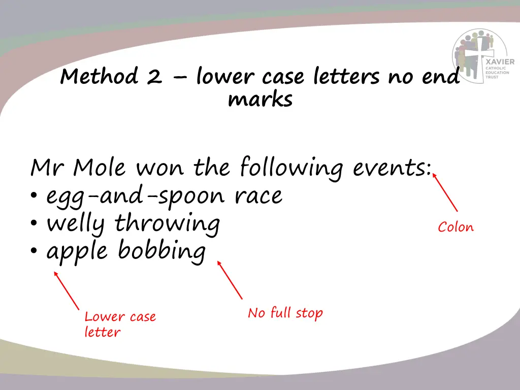 method 2 lower case letters no end marks