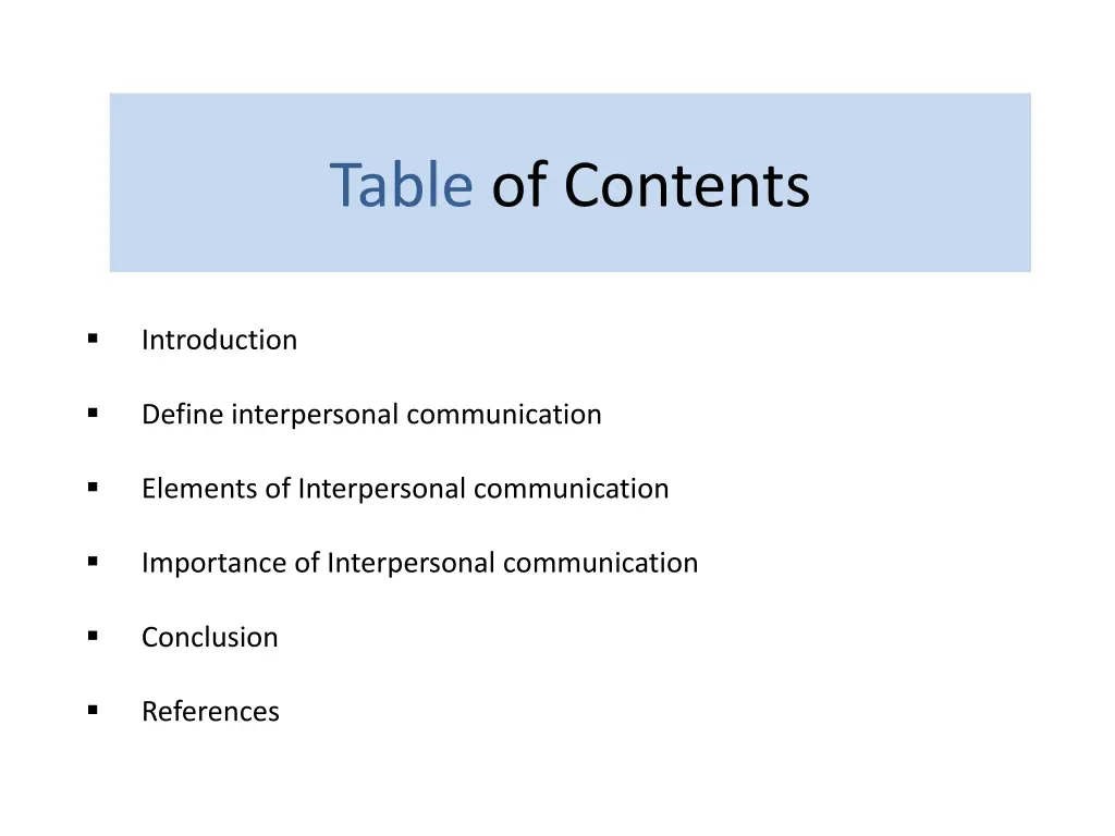 table of contents