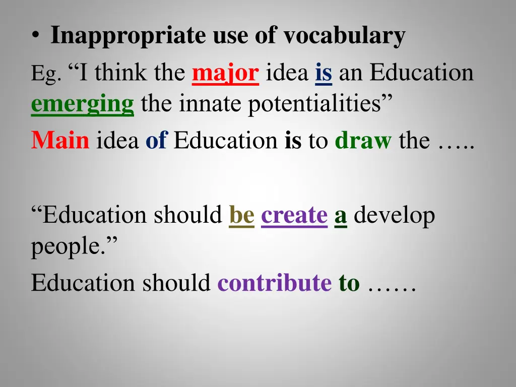 inappropriate use of vocabulary eg i think