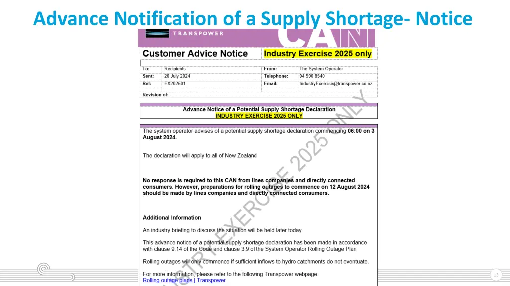 advance notification of a supply shortage notice