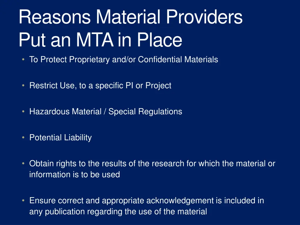 reasons material providers put an mta in place
