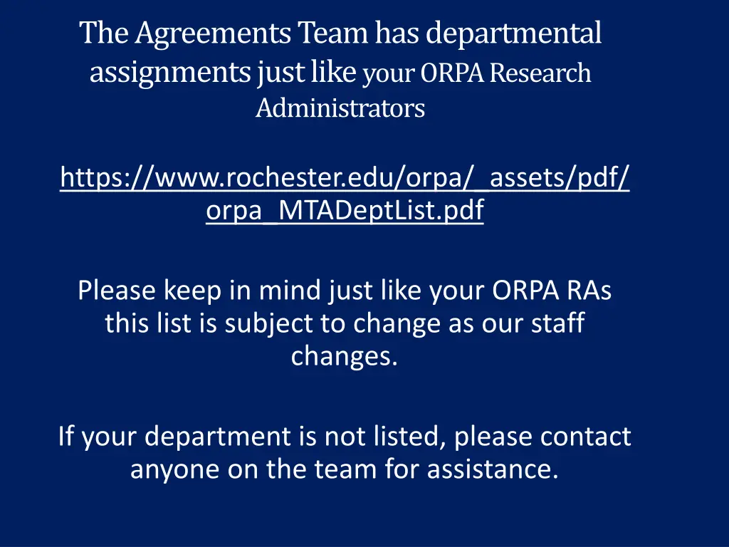 the agreements team has departmental assignments