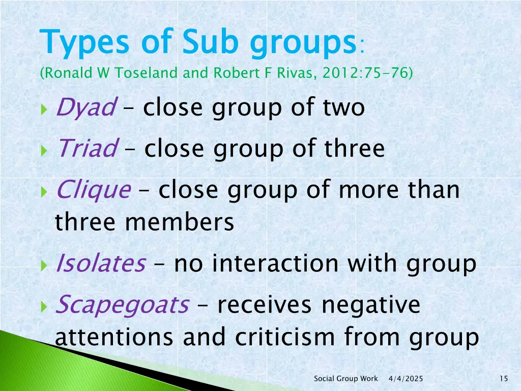types of sub groups ronald w toseland and robert