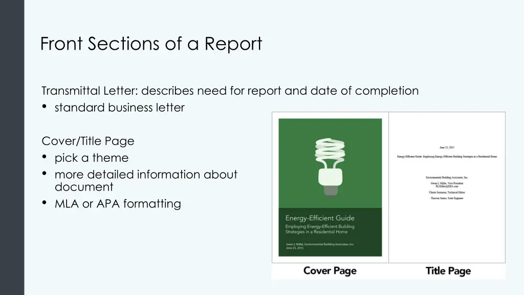front sections of a report