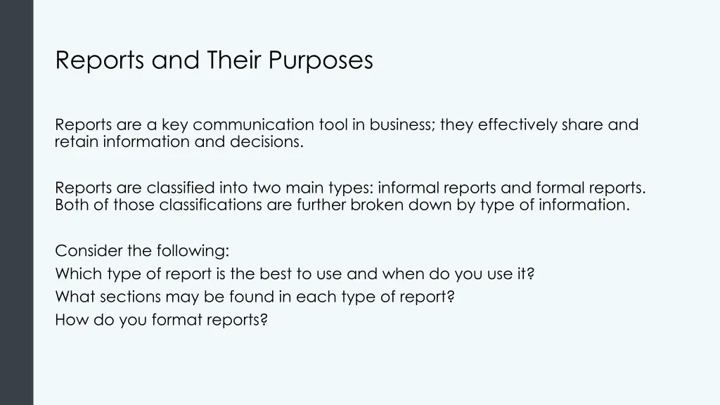 reports and their purposes