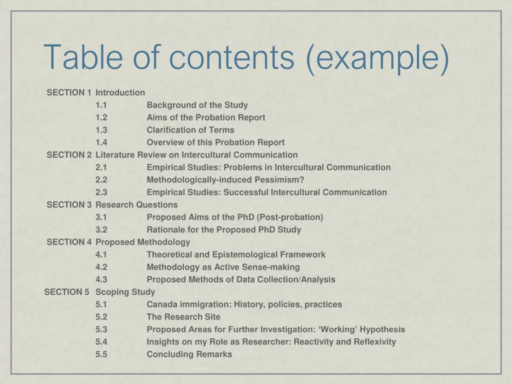 table of contents example