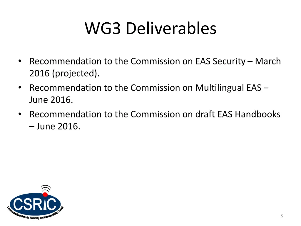 wg3 deliverables