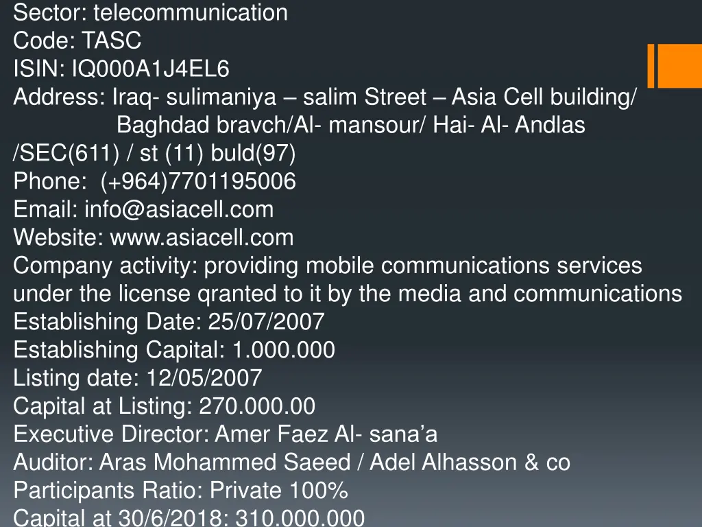 sector telecommunication code tasc isin