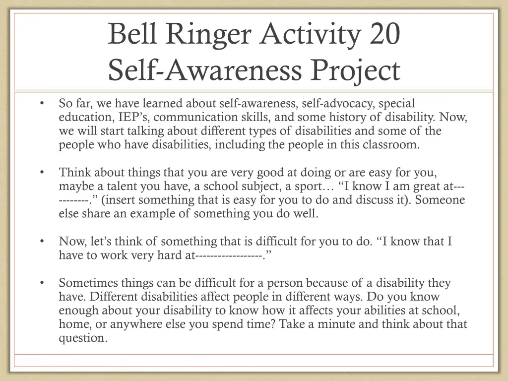 bell ringer activity 20 self awareness project