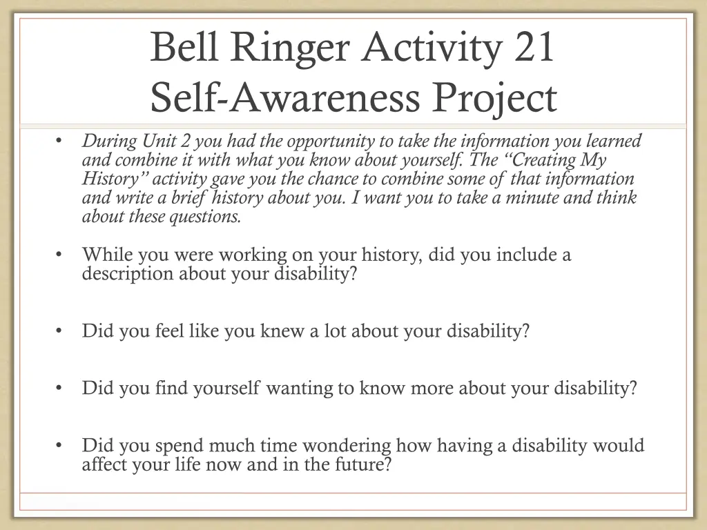 bell ringer activity 21 self awareness project
