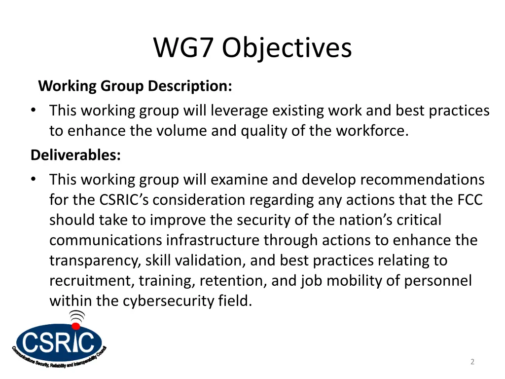 wg7 objectives