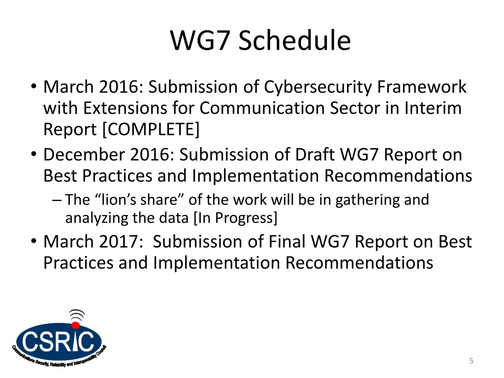 wg7 schedule