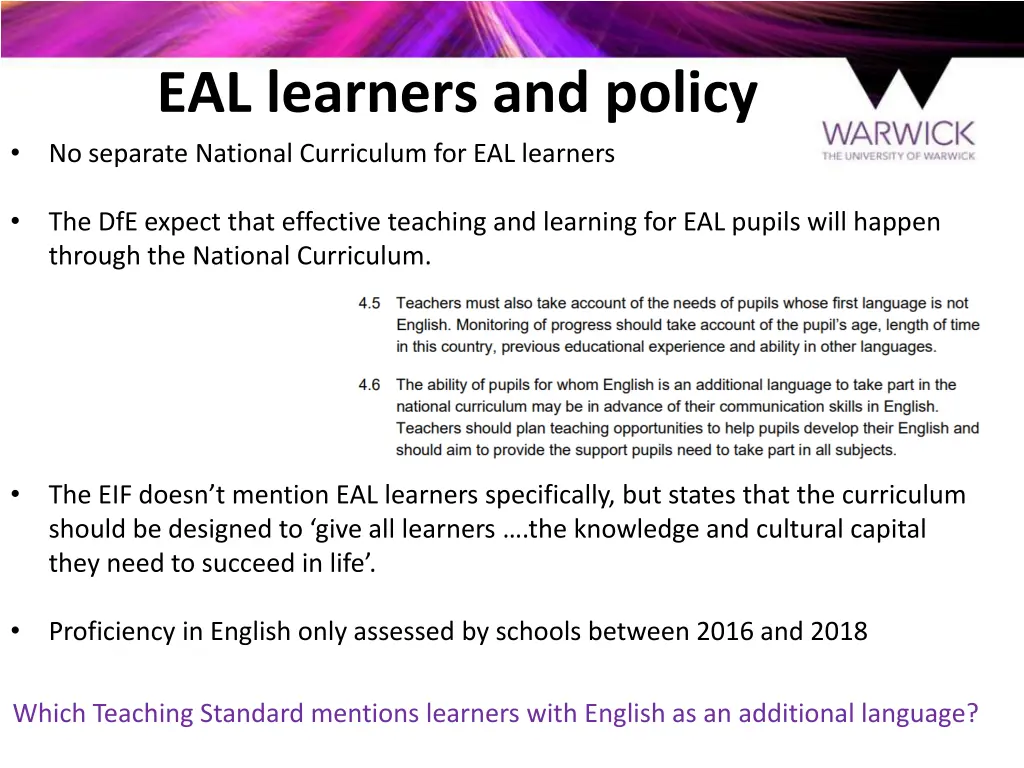 eal learners and policy no separate national
