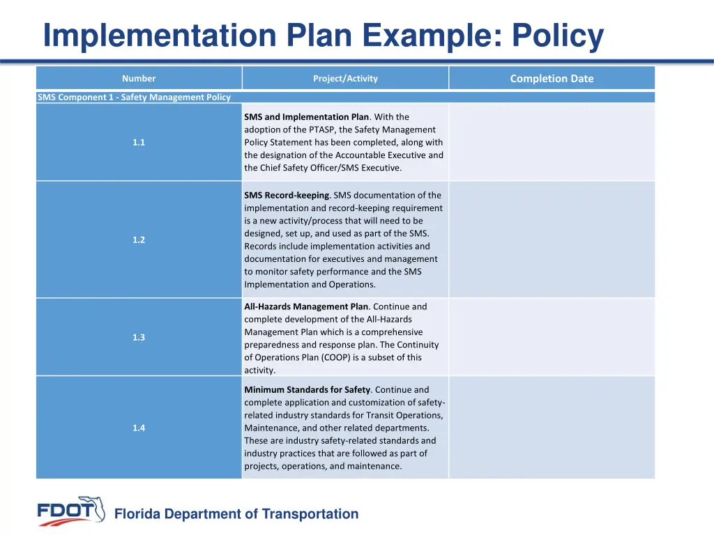 implementation plan example policy
