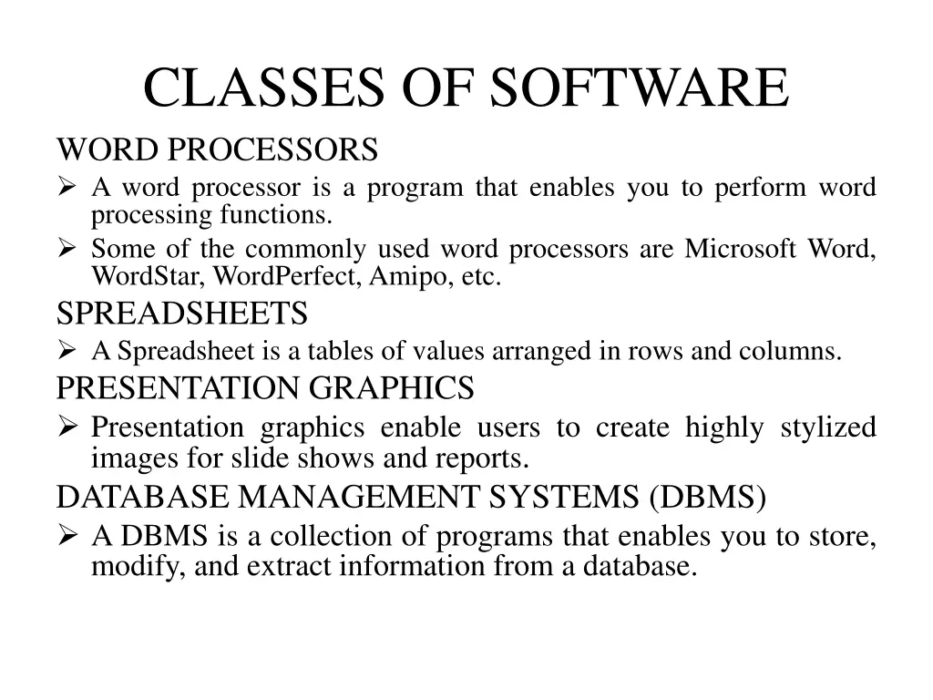 classes of software word processors a word