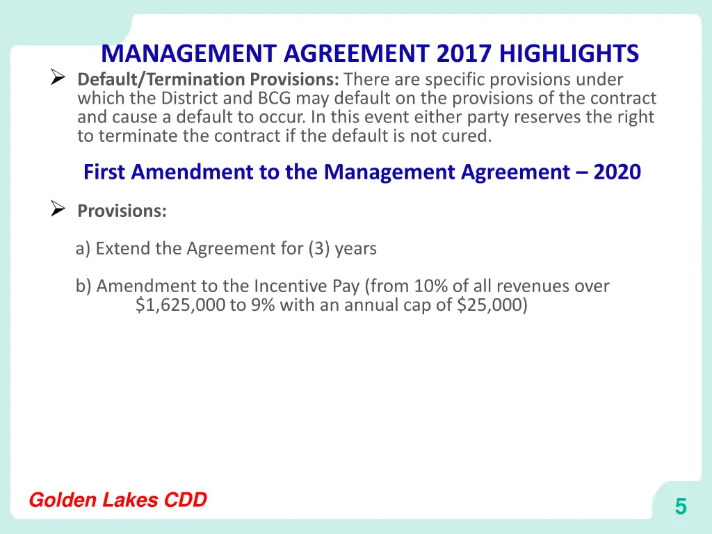 management agreement 2017 highlights default