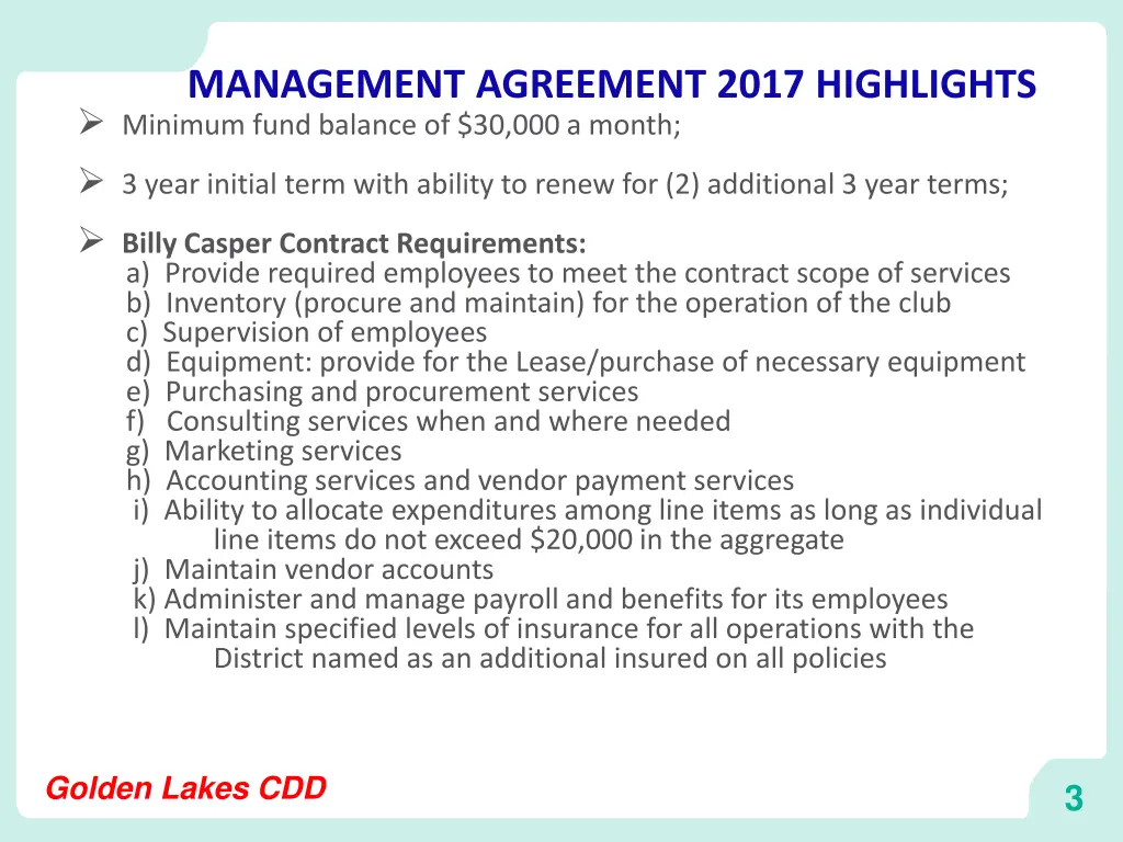 management agreement 2017 highlights minimum fund