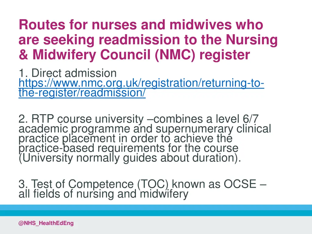 routes for nurses and midwives who are seeking
