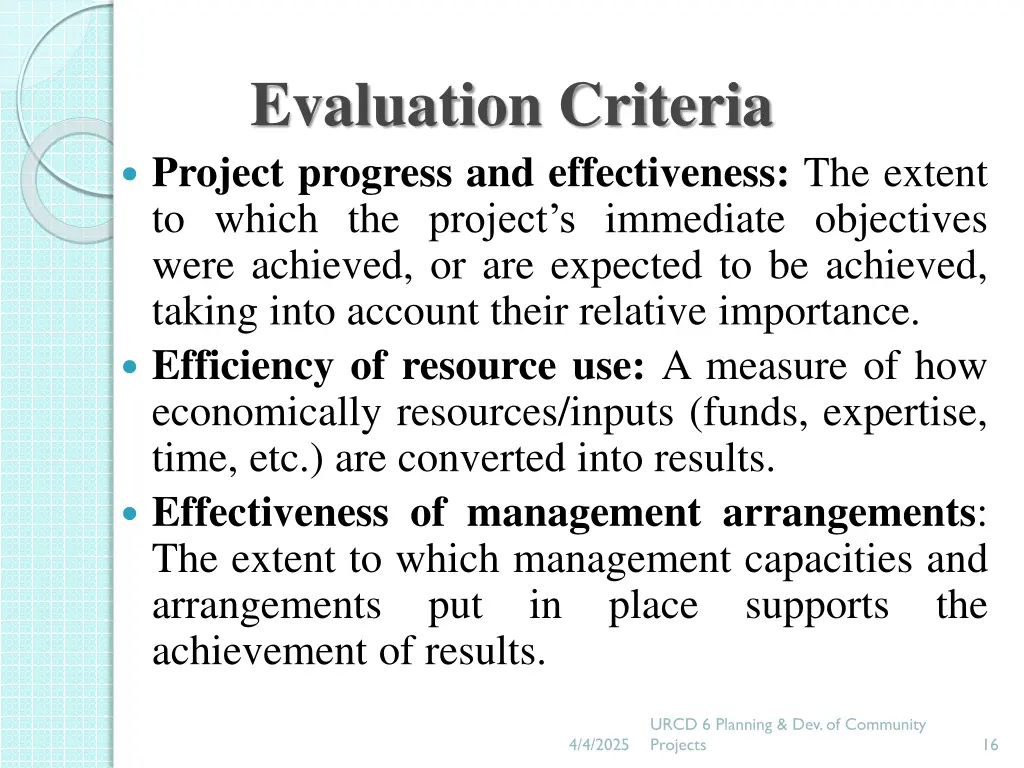 evaluation criteria project progress