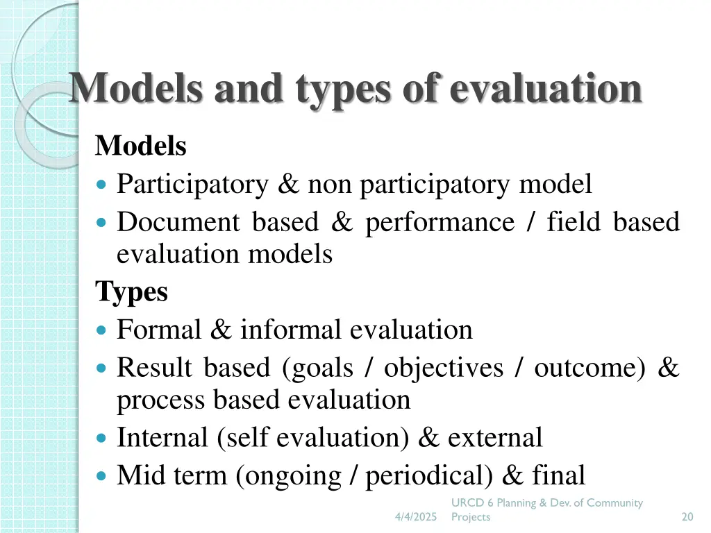 models and types of evaluation