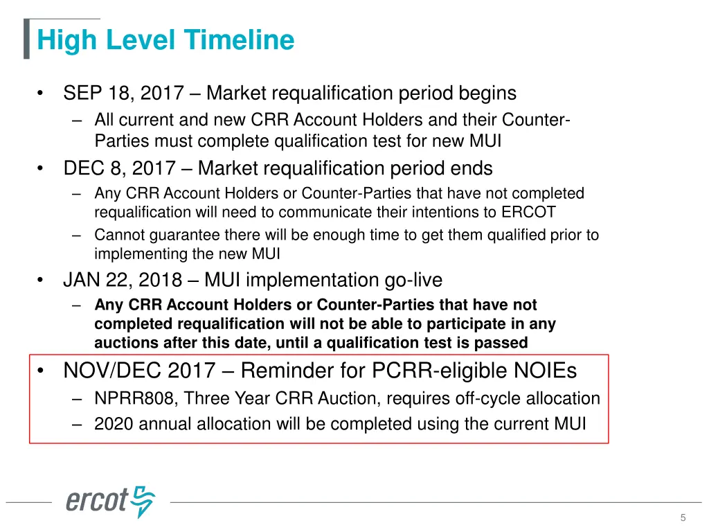 high level timeline