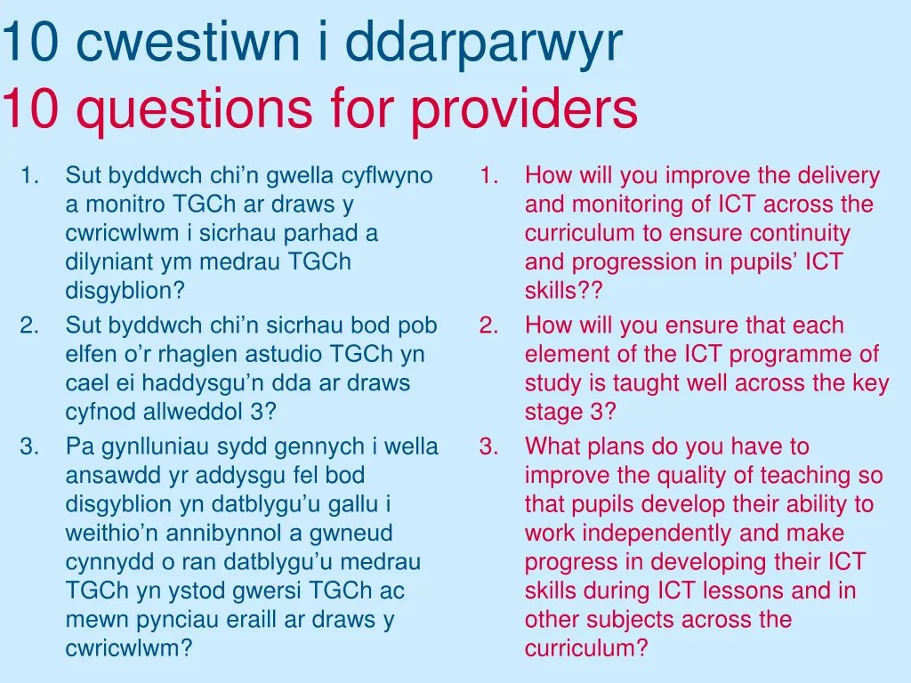 10 cwestiwn i ddarparwyr 10 questions