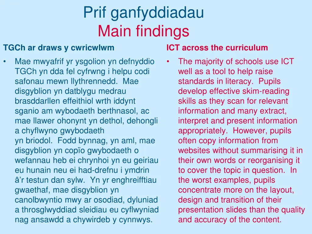 prif ganfyddiadau main findings 13