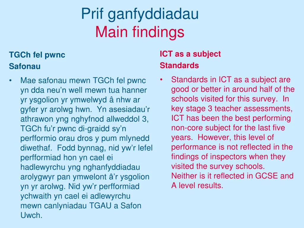 prif ganfyddiadau main findings