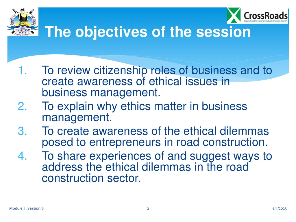 the objectives of the session