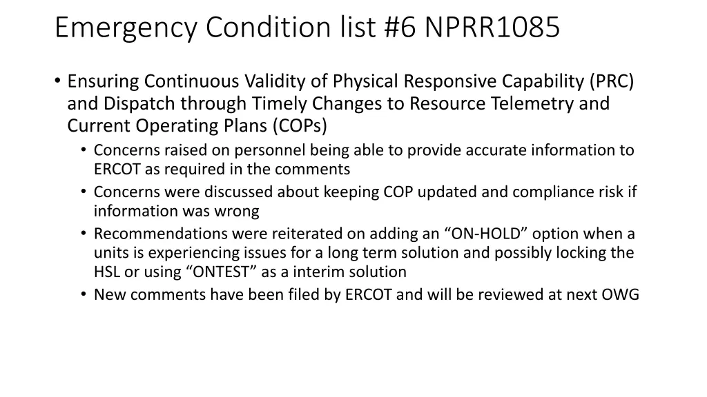 emergency condition list 6 nprr1085