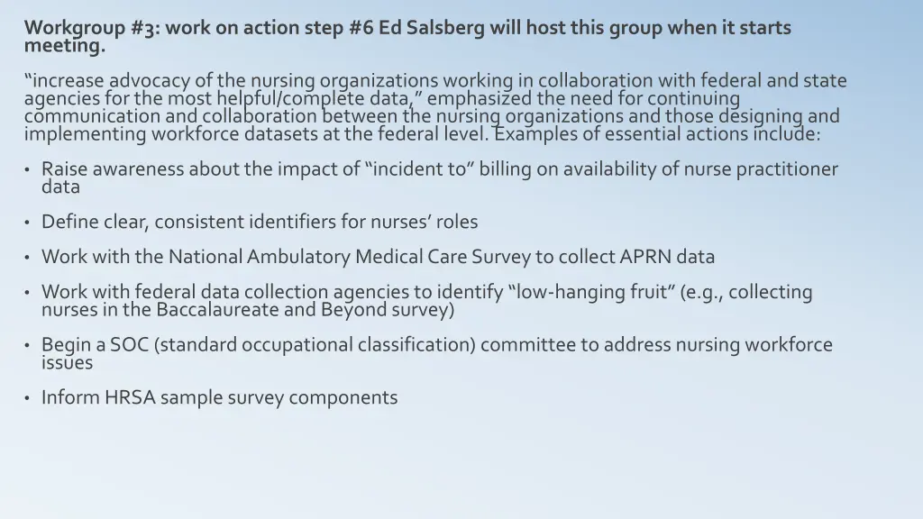 workgroup 3 work on action step 6 ed salsberg