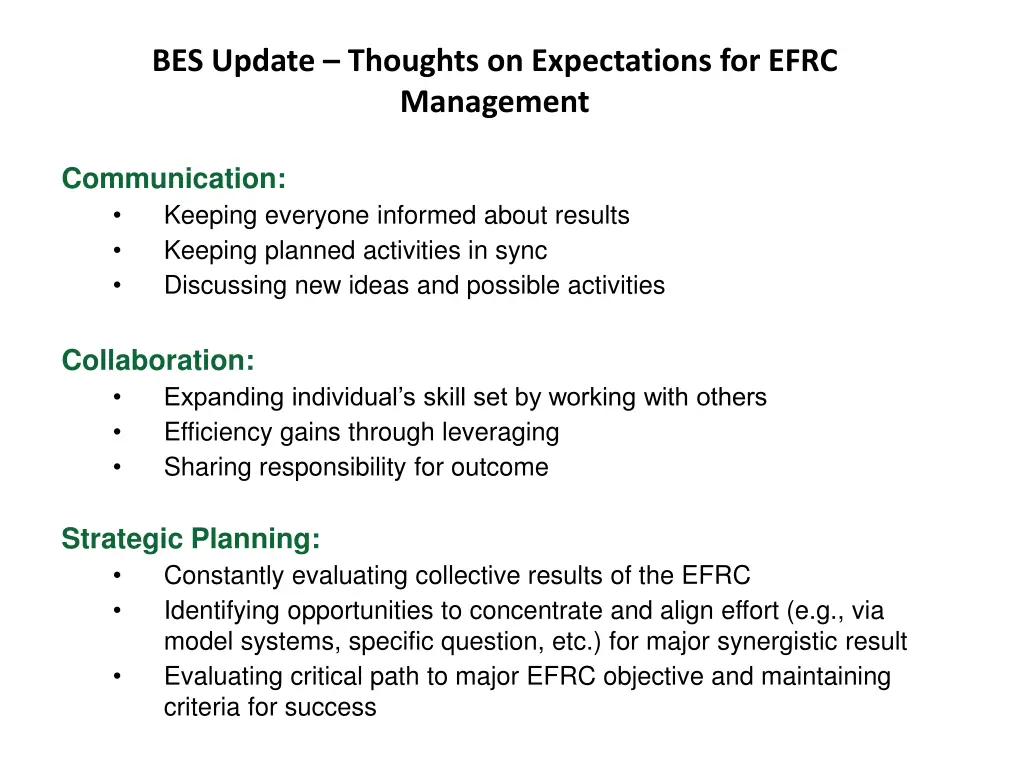 bes update thoughts on expectations for efrc