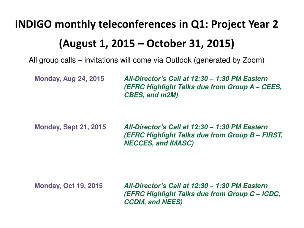 indigo monthly teleconferences in q1 project year