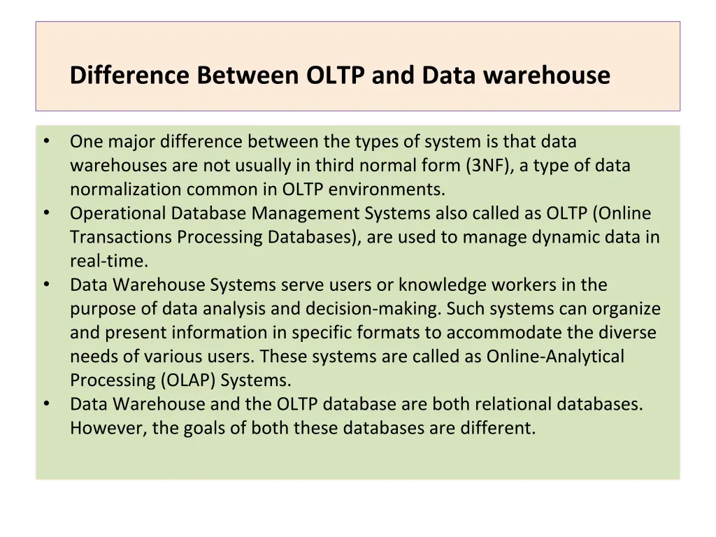 difference between oltp and data warehouse